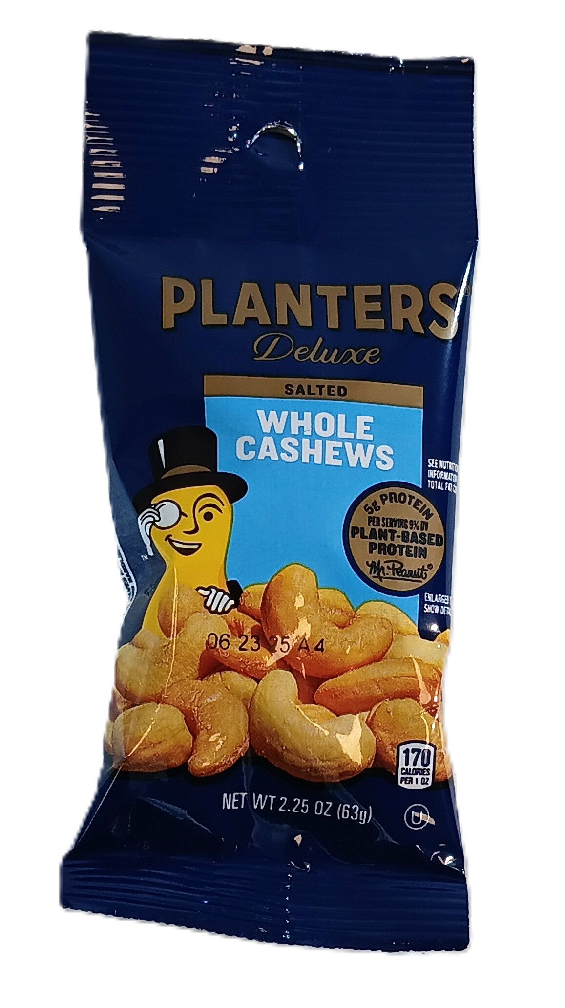 A blue TOJ EXPRESS bag of Planters Whole Cashews features a smiling peanut with a top hat and monocle. Highlighting quality ingredients, the package provides nutritional info for these salted nuts. Net weight: 2.25 oz (63g).