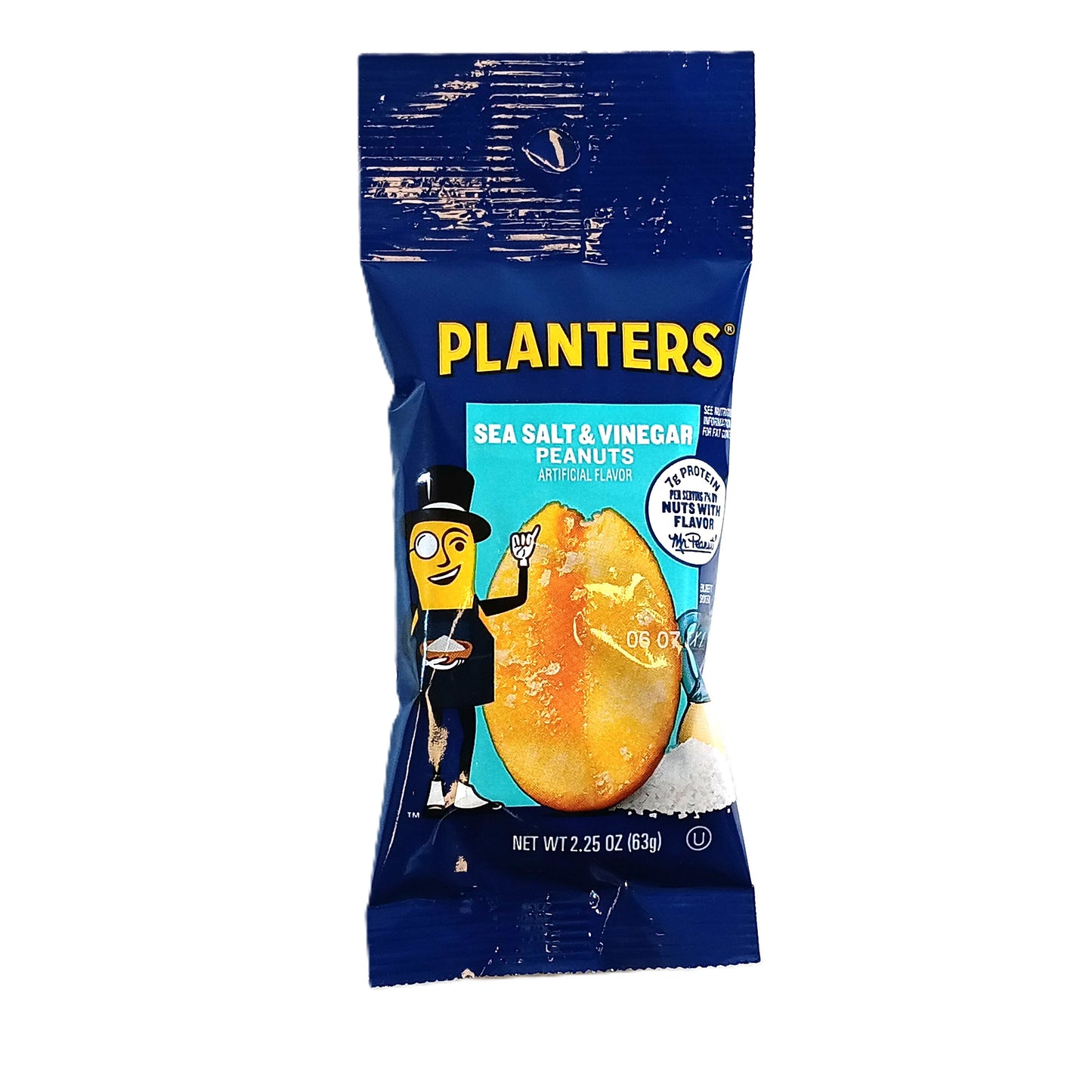 A 2.25 oz package of Planters Peanuts (Sea Salt & Vinegar) from TOJ EXPRESS, in vibrant blue packaging, showcases a whimsical peanut cartoon with a top hat and cane, holding a magnifying glass.