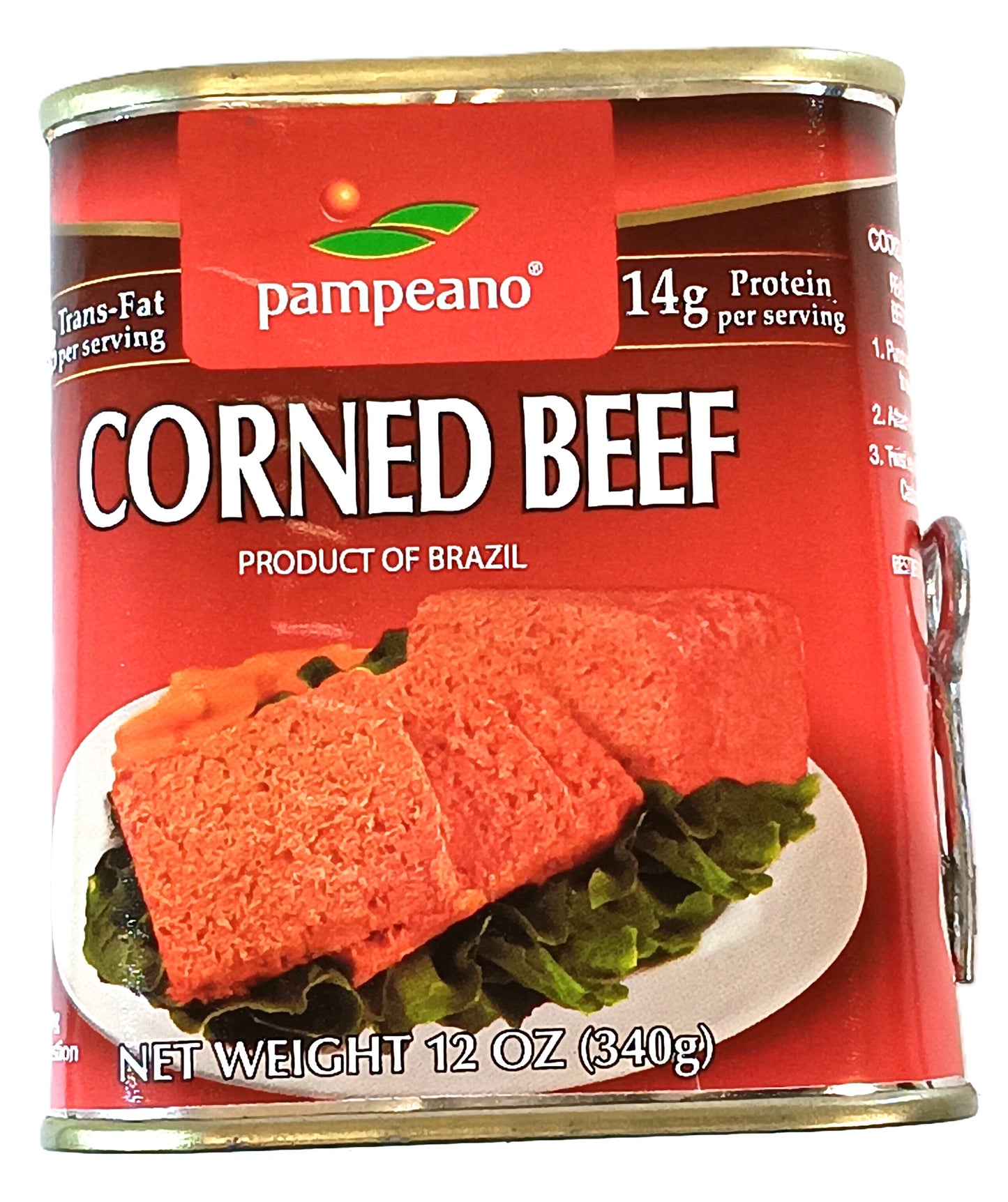 A 12 oz (340g) can of premium Pompeano corned beef from TOJ EXPRESS, made in Brazil, displays sliced corned beef on lettuce. The label highlights 14g of protein per serving and no trans fat.