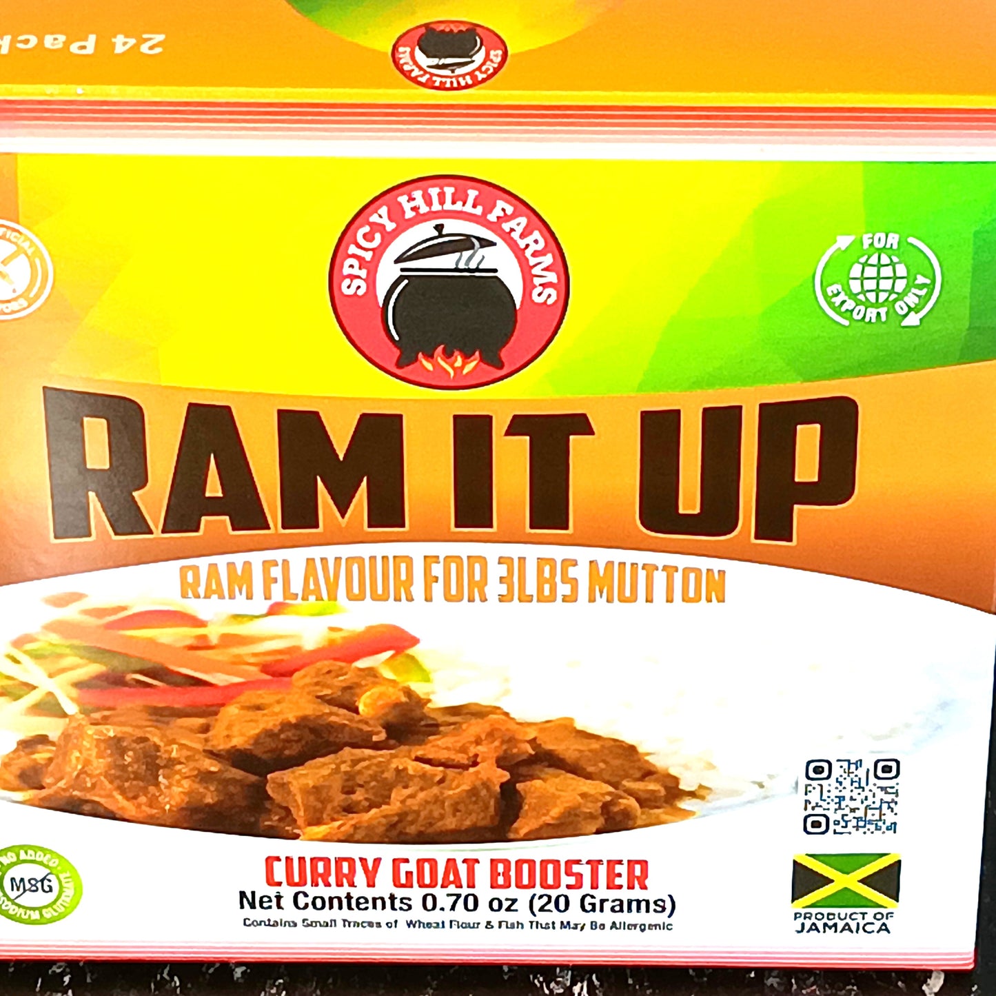 Enhance your ram goat meat with Spicy Hill Farms Ram It Up packets from TOJ EXPRESS. Ideal for 3 lbs of mutton, this 0.70 oz Jamaican soup mix features a curry dish image and adds authentic flavor to your dish.