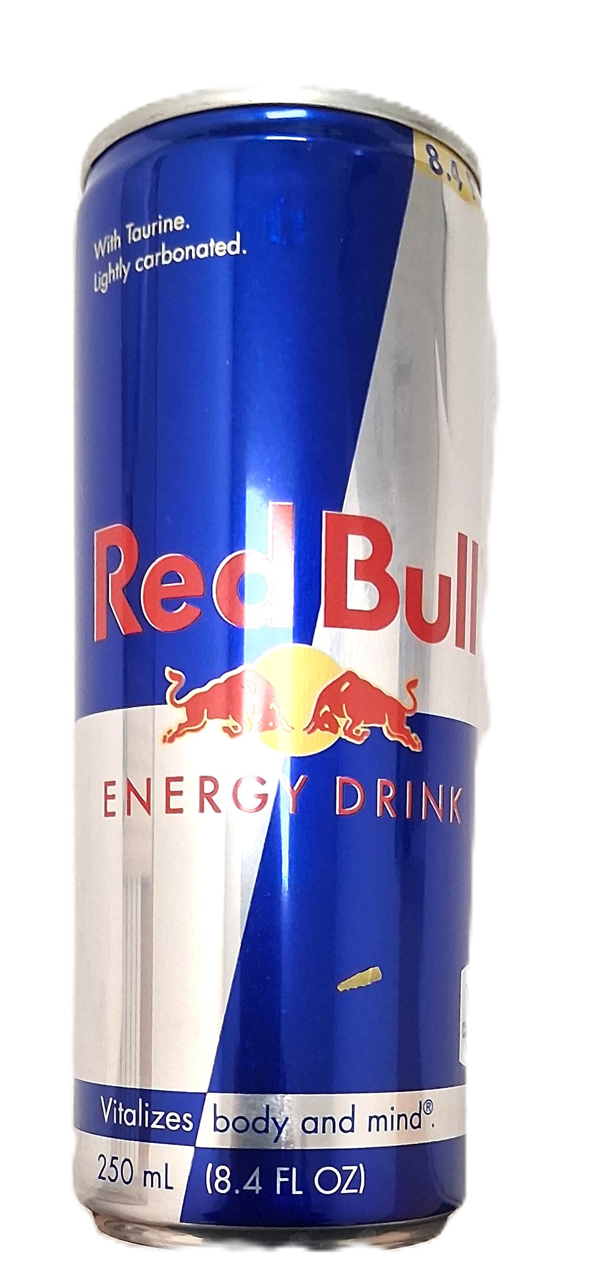 The TOJ EXPRESS Red Bull Energy Drink can features a blue and silver design with two red bulls, highlighting taurine and natural caffeine. It promises to Vitalize body and mind with B vitamins. Contains 250 ml (8.4 fl oz).