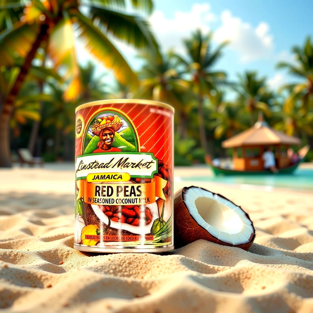 A 13 oz can (369 g) of TOJ EXPRESS Linstead Market Red Peas in Coconut Milk exudes rich Caribbean flavors and features a label with a woman in traditional attire carrying a basket, highlighting quality since 1985.