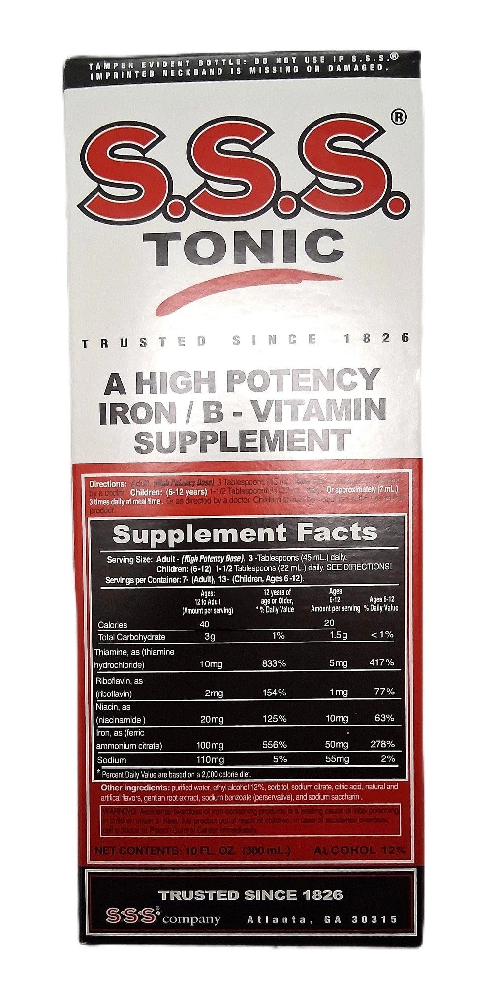 A bottle of TOJ EXPRESSs SSS Tonic Drink, offering high-potency iron and essential vitamin B, includes supplement facts, serving size, dosage, and details. Trusted since 1826, its proudly made in Atlanta, GA.