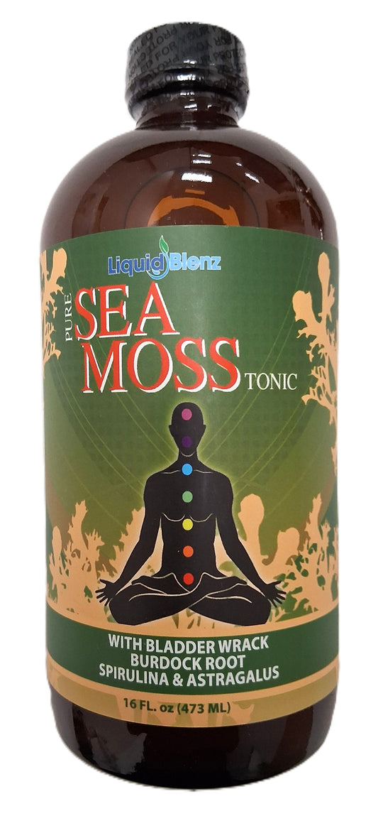 A 16 fl. oz (473 ml) bottle called Liquid Blendz Pure Sea Moss Tonic from TOJ EXPRESS features a meditating silhouette with vibrant chakras amid seaweed illustrations. Enhance energy and immune health with ingredients like bladderwrack, burdock root, spirulina, and astragalus.