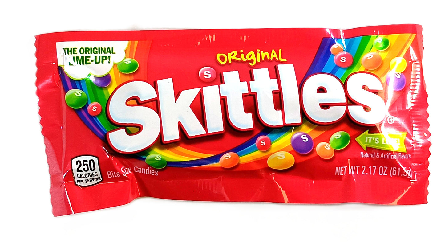 A red TOJ EXPRESS Skittles package labeled Original boasts colorful candy illustrations and delivers fruity goodness. Perfect for sweet tooth cravings, it promises The Original Taste, with 250 calories per serving and a net weight of 2.17 oz (61.5 g).