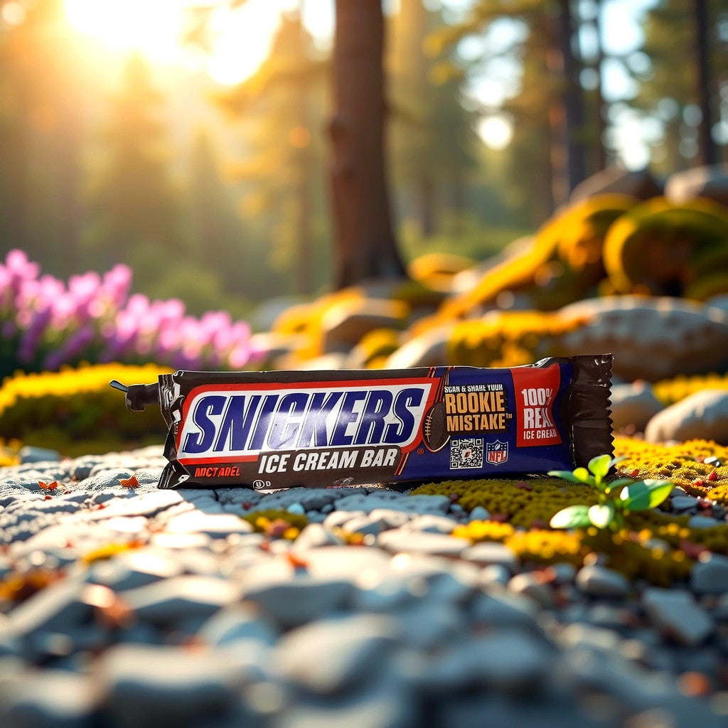 A TOJ EXPRESS Snickers Ice Cream Bar, enrobed in real milk chocolate, sits on a sunlit forest floor adorned with green moss and purple flowers. Sunlight filters through the trees, highlighting the natural textures around this tempting frozen delight.