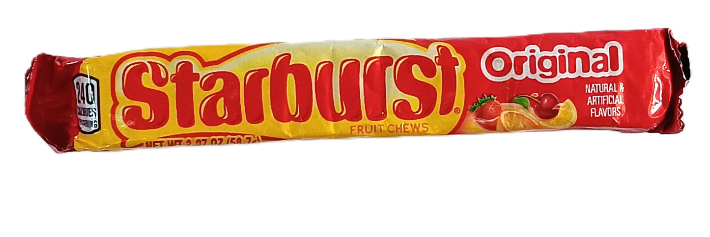 TOJ EXPRESS presents Starburst Fruit Chew in a vibrant red and yellow wrapper featuring citrus and strawberry images, boasting natural and artificial flavors with a burst of real fruit juice taste in every chew.