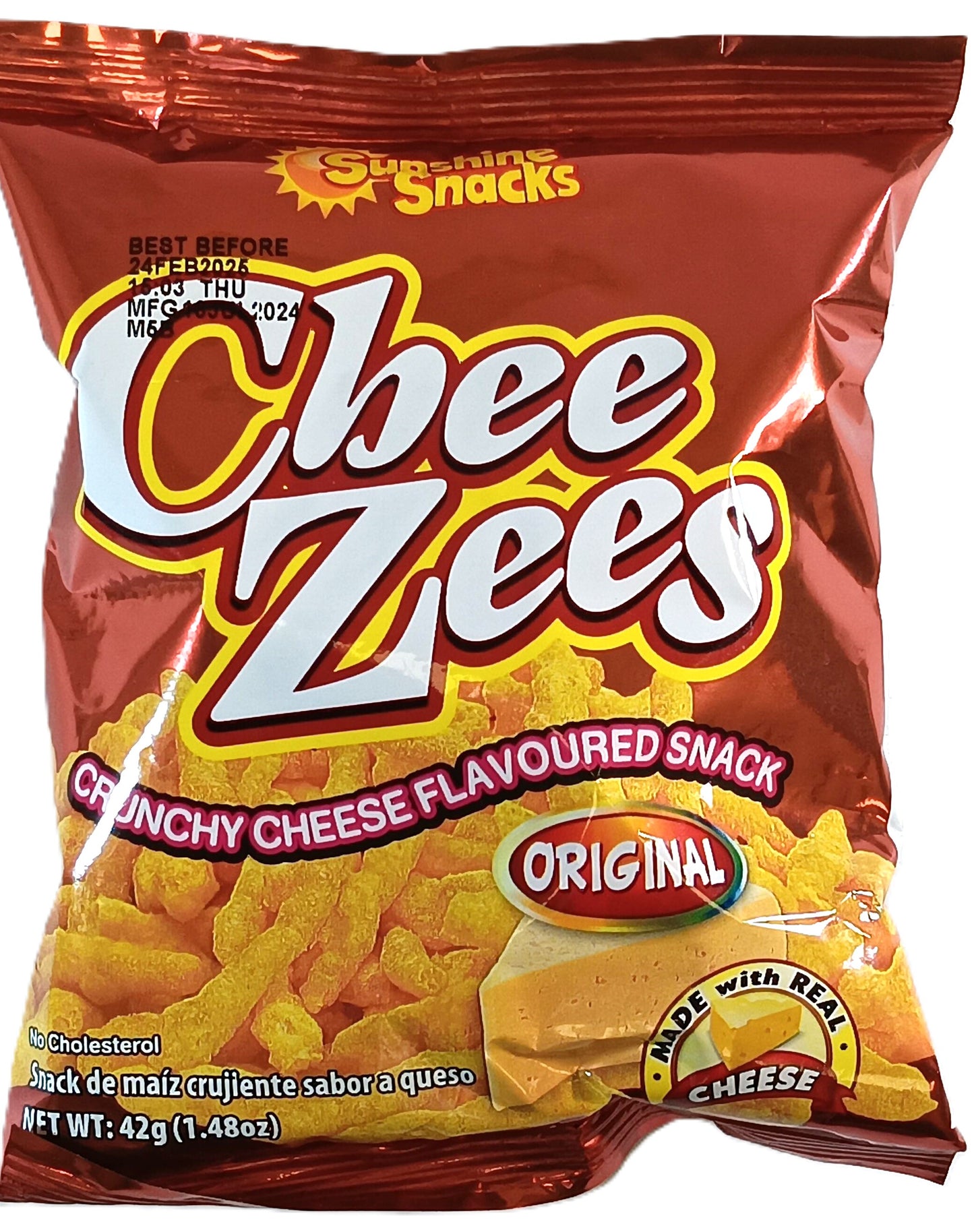 The Sunshine Snacks CheeZees by TOJ EXPRESS provide a delightful snack experience. The red, shiny packaging states Crunchy Cheese Flavoured Snack and Made with Real Cheese, with images of cheese twists and real cheese. Net weight: 42g (1.48oz).