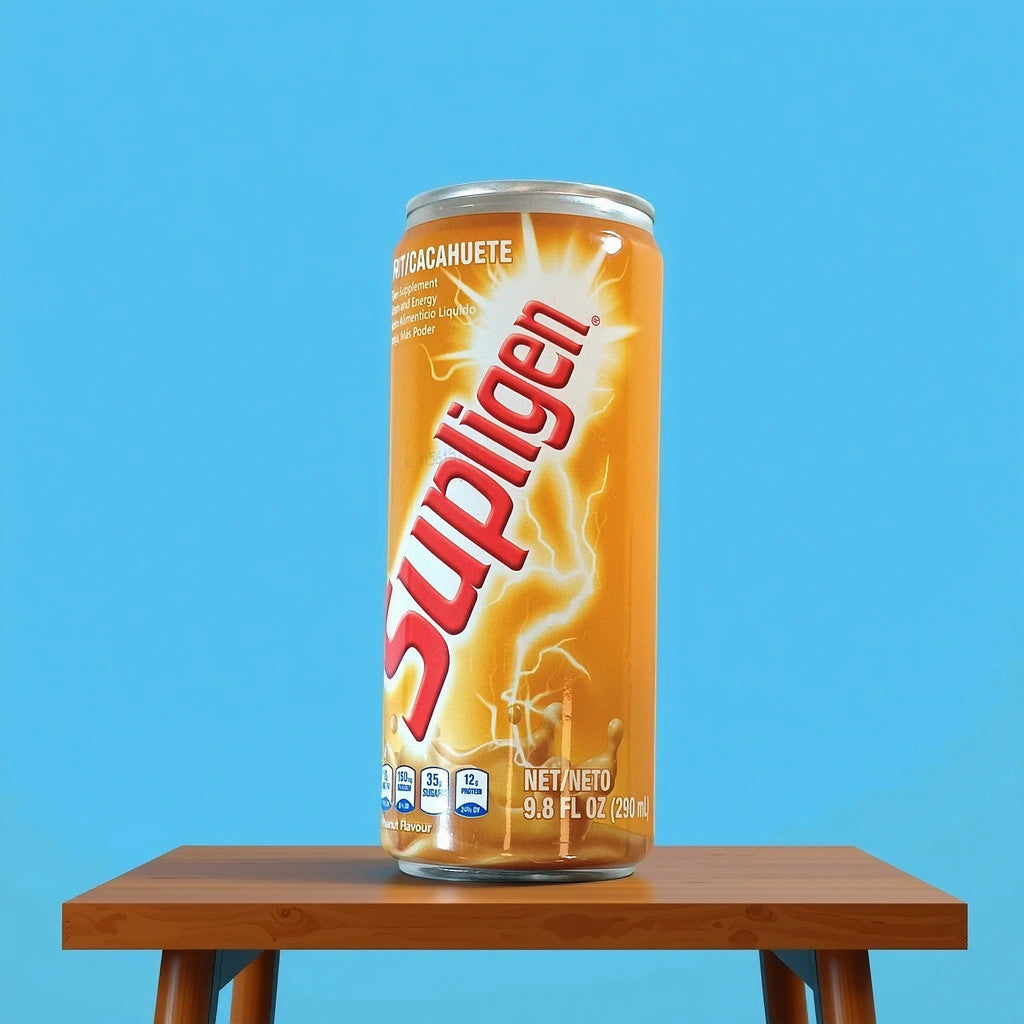 A 9.8 fl oz (290 ml) can of SUPPLIGEN Peanut Punch by TOJ EXPRESS, featuring an orange design with lightning and red lettering, offers a flavorful, nutritious beverage with 150 calories per serving along with 35% vitamins and 12% protein.