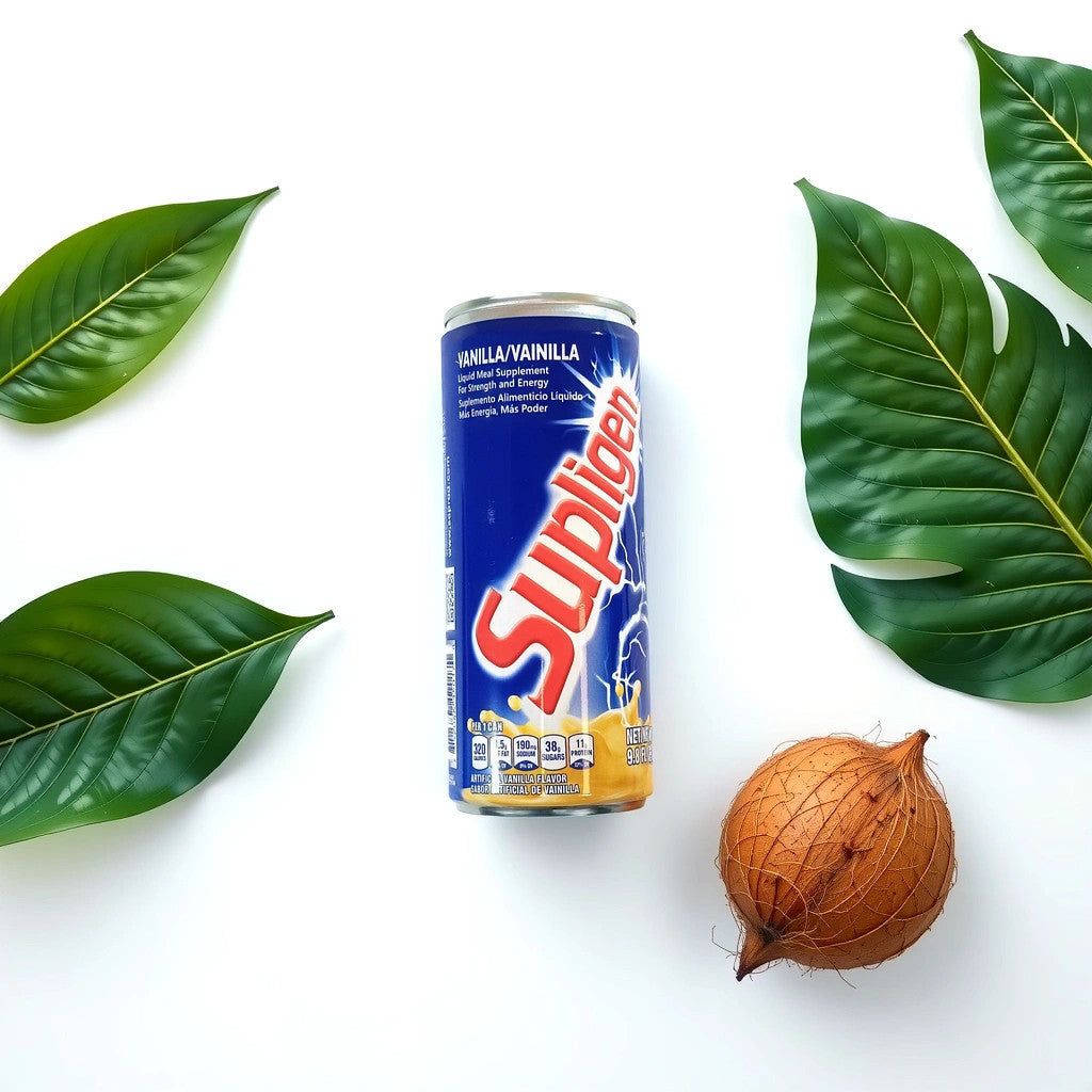 A 9.8 fl oz (290 ml) can of TOJ EXPRESSs SUPPLIGEN Vanilla Drink, a nutritious meal supplement with lightning graphics on a blue background, offers 320 calories, 1.5g fat, 190mg sodium, 38g sugars, and 11g protein.