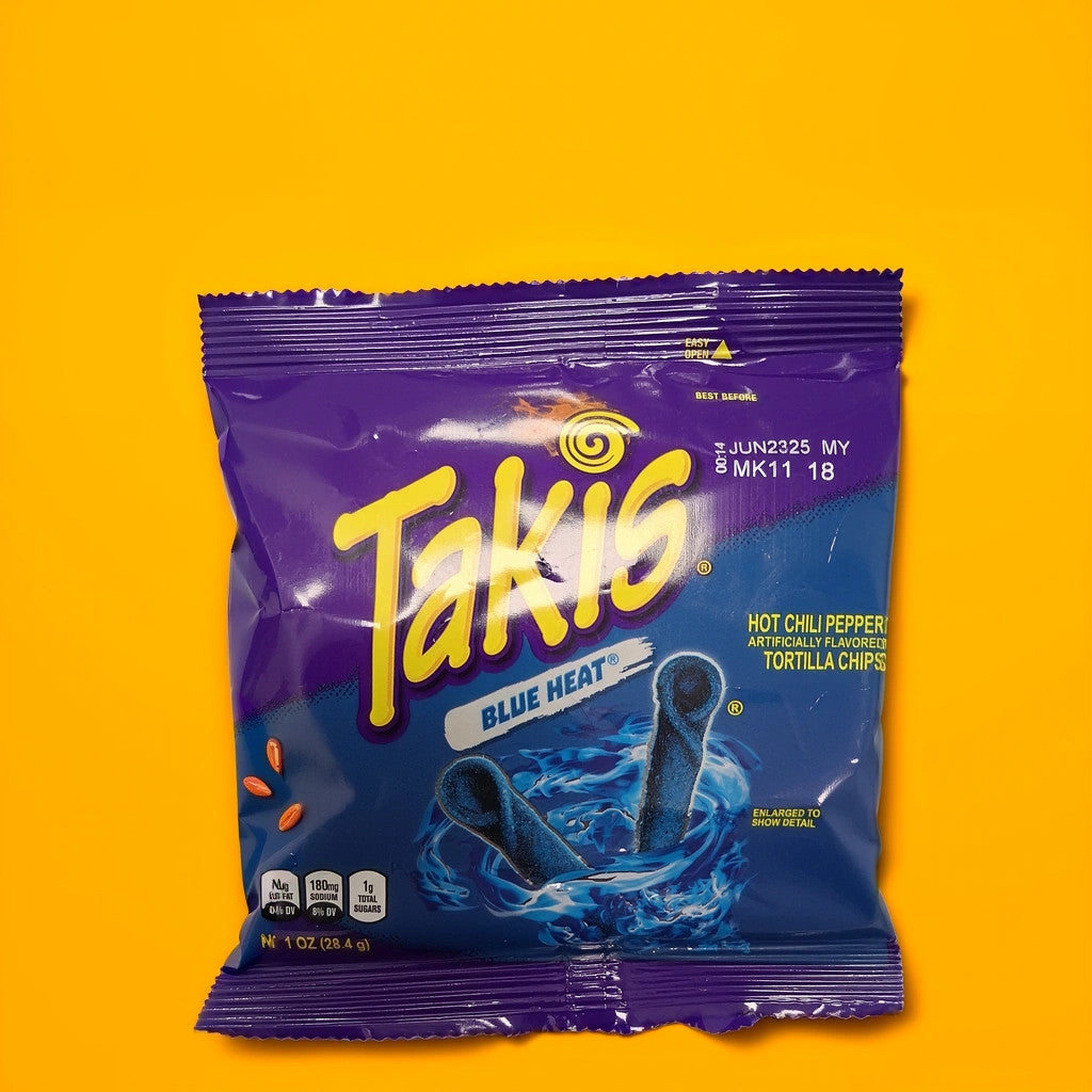 A TOJ EXPRESS Takis-Blue Heat bag, displaying fiery rolled chips and a water swirl, sits on a vibrant yellow background, hinting at its hot chili pepper flavor.