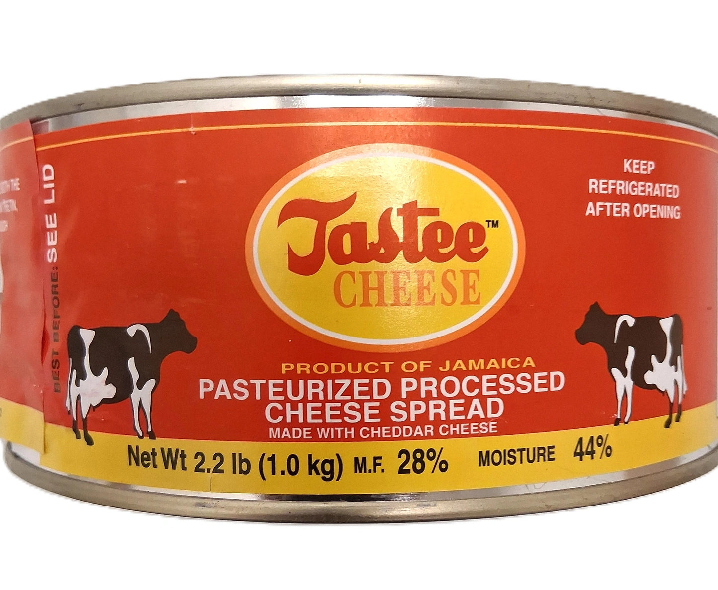A 2.2 lb can of TOJ EXPRESSs Tastee Cheese, a versatile Jamaican pasteurized cheese spread, features cows on the label and is noted for being Made with Cheddar Cheese, with 28% MF and 44% Moisture.