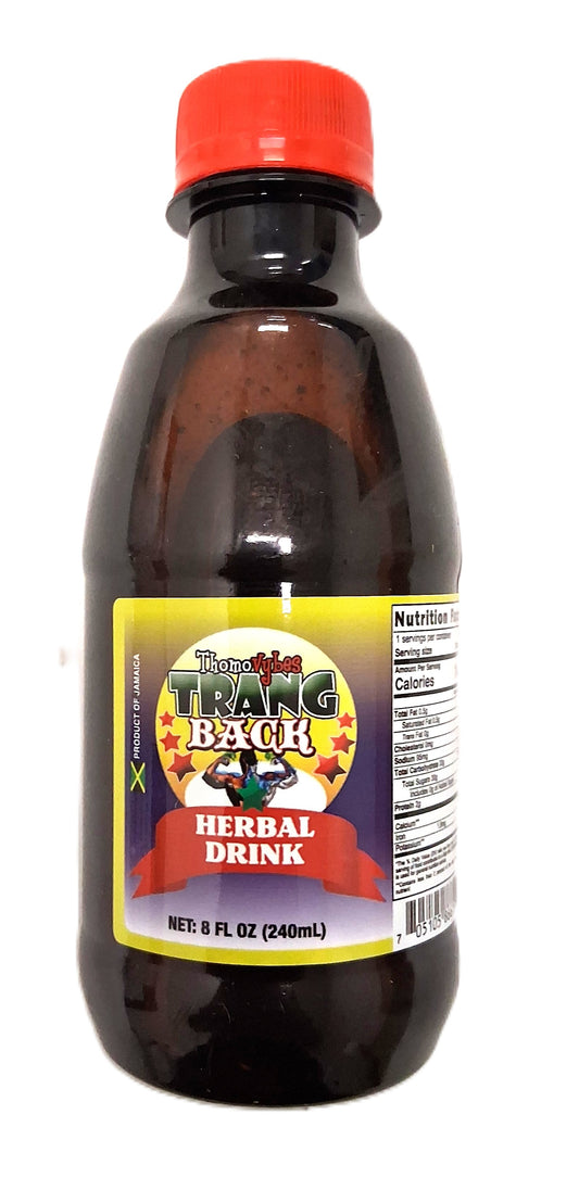 The Thomo Vybes Trang Back Herbal Drink by TOJ EXPRESS promotes well-being with rich antioxidants. It comes in a dark bottle with a colorful label featuring vibrant red and yellow designs, stars, and a Jamaican flag, stating 8 fl oz (240 ml) net volume.