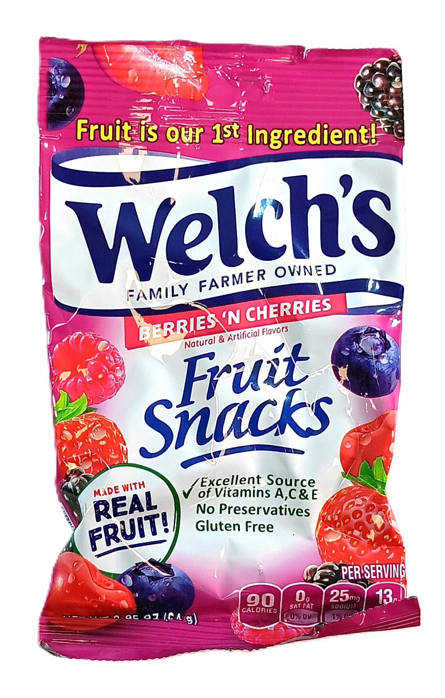 TOJ EXPRESSs Welches Berries and Cherries Fruit Snack features vibrant packaging with cherries, strawberries, raspberries, and blueberries. Made with real fruit, it promises natural flavors and is an excellent source of Vitamins A, C & E.