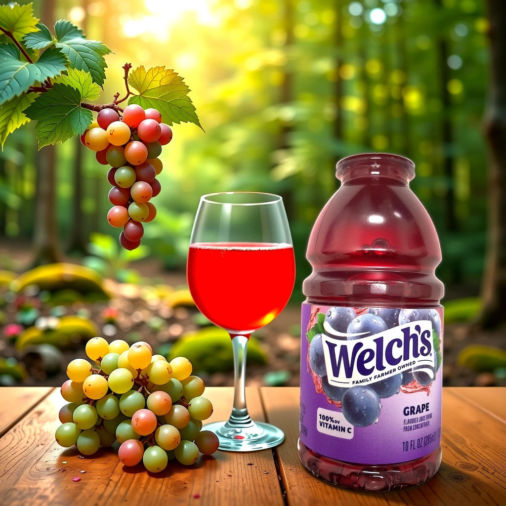 A bottle of TOJ EXPRESS Welches Grape Drink stands on a wooden table in the forest, its grape juice radiant in sunlight. A nearby glass overflows with flavor, encircled by red and green grapes as sunbeams filter through the trees.