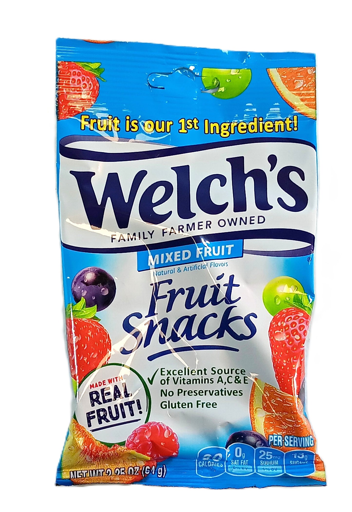 A package of Welchs Mixed Fruit Fruit Snacks. The colorful packaging features images of assorted fruits such as grapes, strawberries, and oranges. Text highlights it is an excellent source of vitamins A, C, E, gluten-free, and made with real fruit.
