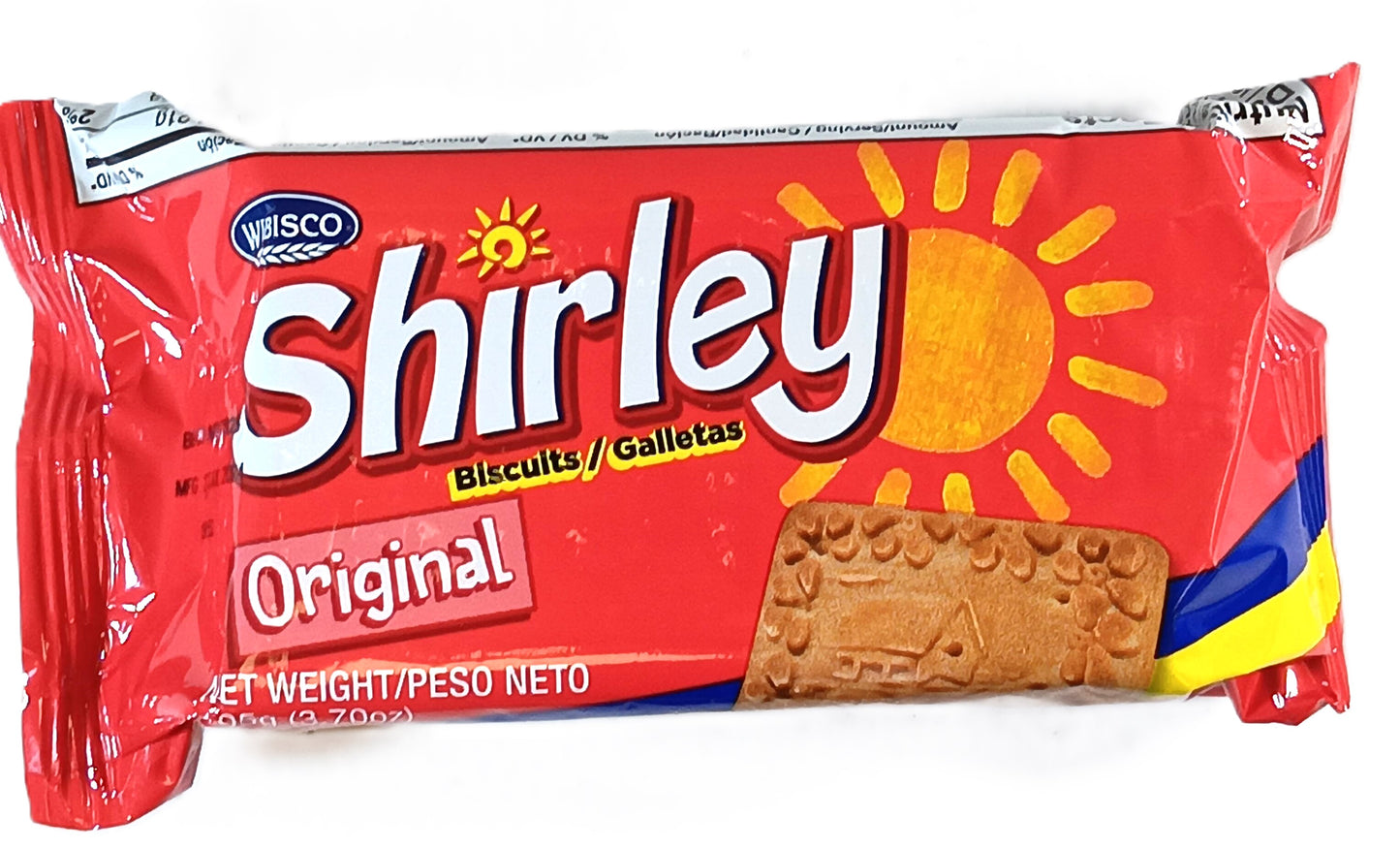 A red package of Shirley Biscuit Original by TOJ EXPRESS features a yellow sun graphic, an image of the biscuit with embossed details, and text in English and Spanish.