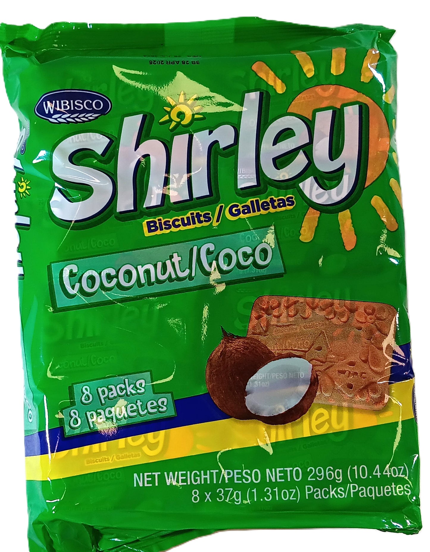 A green pack of TOJ EXPRESS Shirley Coconut Biscuit (8pk) features sun and coconut graphics. Savor real coconut in every bite. Contains 8 packs, net weight 296g (10.4oz). Packaging in English and Spanish.