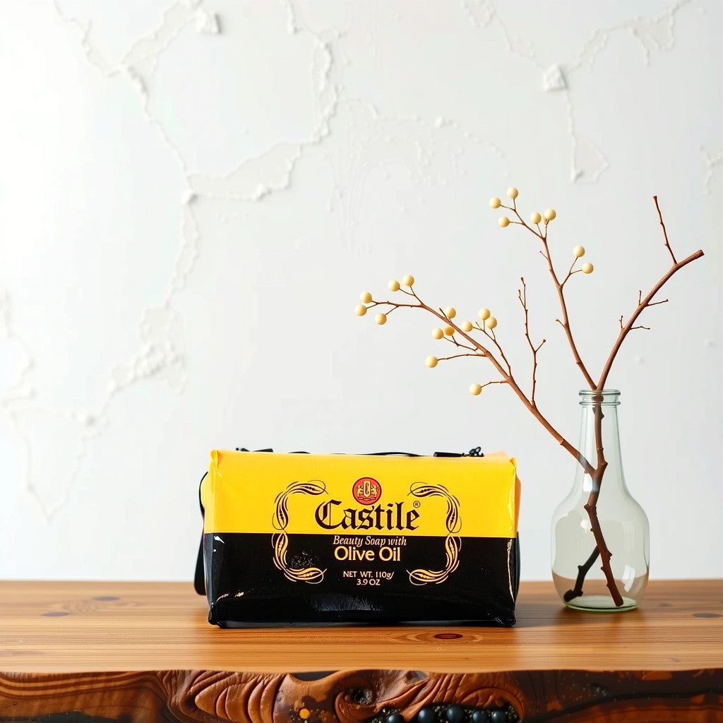 A pack of TOJ EXPRESS Castile Soap, enriched with olive oil, rests on a wooden surface. Its yellow and black packaging pairs beautifully with a clear glass vase holding a berry-laden branch, while the textured white wall highlights its moisturizing appeal.