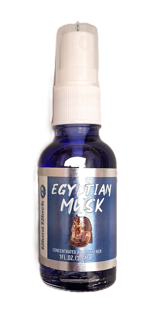 The BlackBlunt_Egyptian Musk air freshener by TOJ EXPRESS is a 1 oz (30 ml) small blue spray bottle with a white cap, featuring image and text to highlight its Egyptian Musk scent.