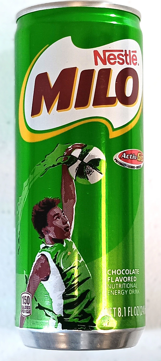 A green can of TOJ EXPRESS Milo Chocolate Drink features a dynamic basketball player. This 8.1 fl oz (240 ml) cocoa-rich, chocolate-flavored energy drink is packed with essential vitamins and minerals.