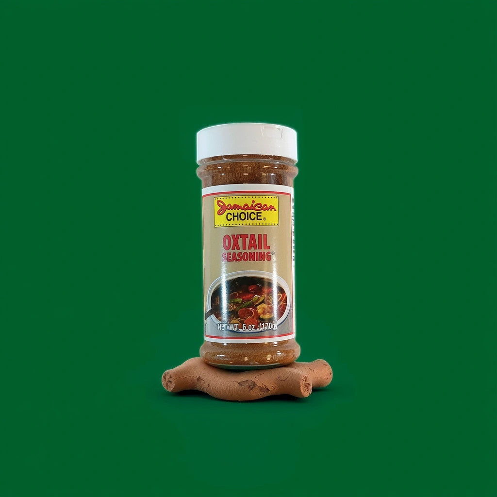 A TOJ EXPRESS Jamaican Choice Oxtail Seasoning plastic bottle stands on a decorative wooden stand against a green background, capturing Caribbean flavor. The label displays images of oxtail dishes enhanced by this seasoning.