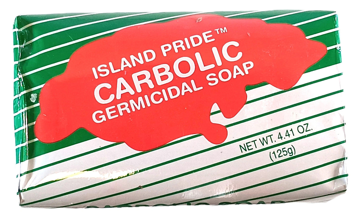 TOJ EXPRESS Island Pride Carbolic Soap, 4.41 oz (125g), infused with carbolic acid for effective germ and bacteria protection, is packaged in a green and white wrapper featuring a distinctive red label.