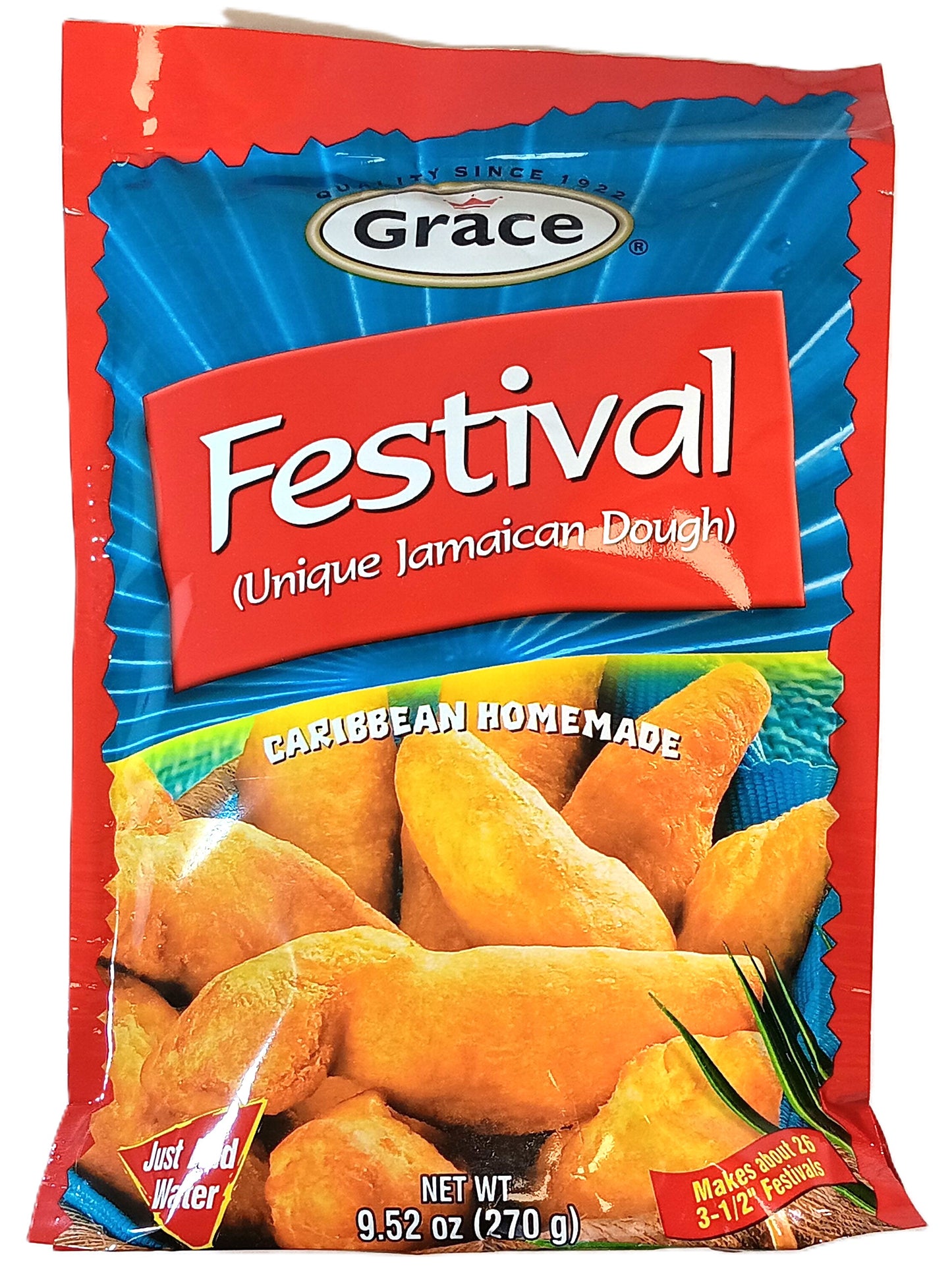 TOJ EXPRESSs Grace Festival Mix, known as Unique Jamaican Dough, is an ideal party snack in predominantly red and blue packaging with an image of crispy festival bread. Weighing 9.52 oz, it flaunts the tagline Caribbean Homemade.