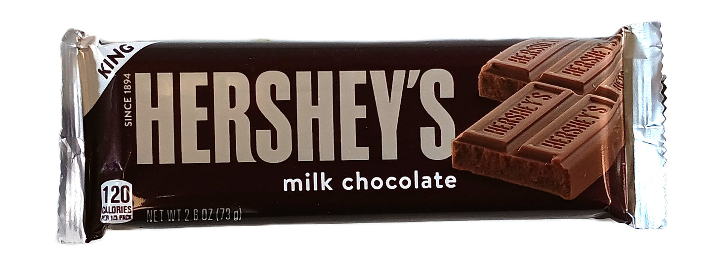 The image showcases a tantalizing TOJ EXPRESS Hersheys King Size Chocolate Bar in its classic wrapper, perfect for any chocolate lover. The packaging features a rich brown background with HERSHEYS embossed in silver letters and highlights the decadent bars 120 Calories.