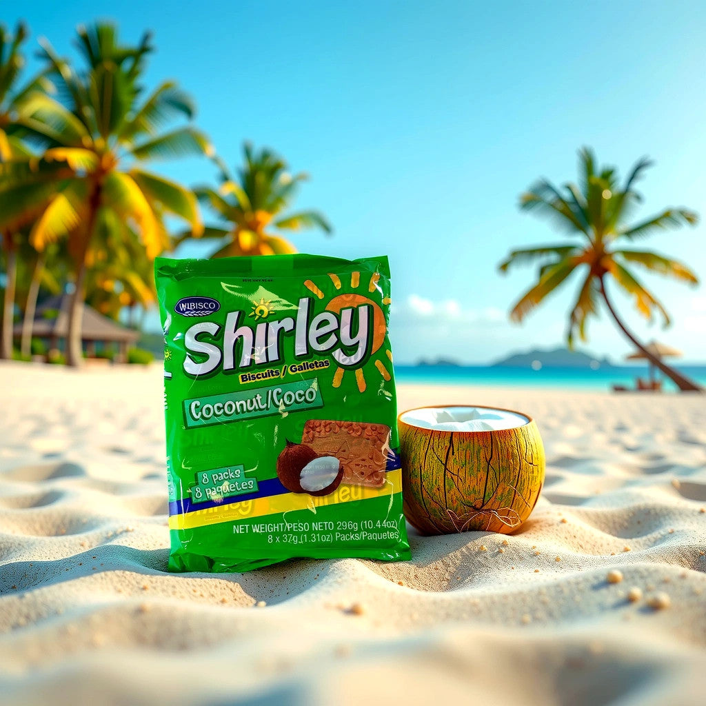 An 8-pack of Shirley Coconut Biscuits by TOJ EXPRESS rests on a sandy beach next to a coconut cup. Palm trees sway beneath the blue sky, mountains in the background, providing a truly tropical paradise experience.