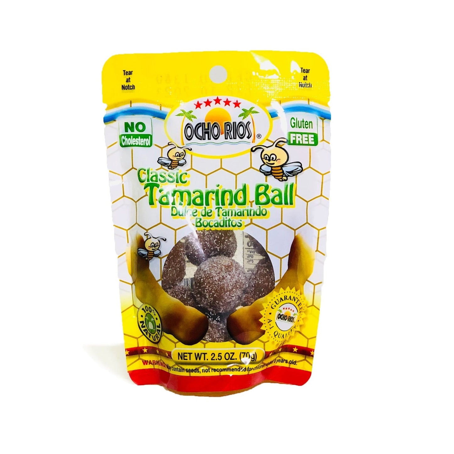 My Store Ocho Rios Tamarind Balls - Bold Tangy Sweet Treat come in a yellow, clear resealable bag labeled gluten free and no cholesterol, showing sweet-and-sour sugared tamarind inside. Net weight: 2.5 oz (70g).
