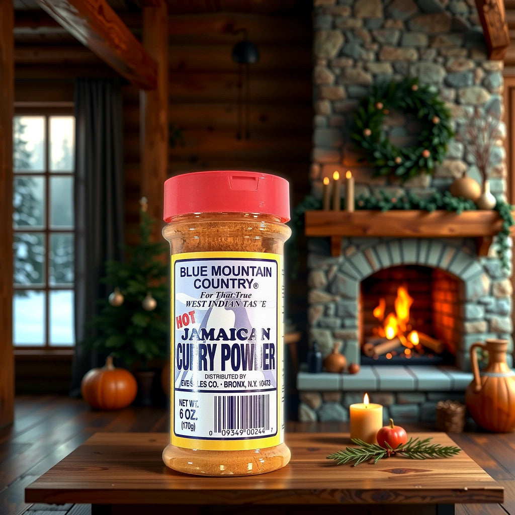 A jar of TOJ EXPRESS Blue Mountain Curry Powder (Hot) sits on a wooden surface. This aromatic spice enhances the cozy room in the background, adorned with a lit stone fireplace, candles, pumpkins, and festive holiday decorations.