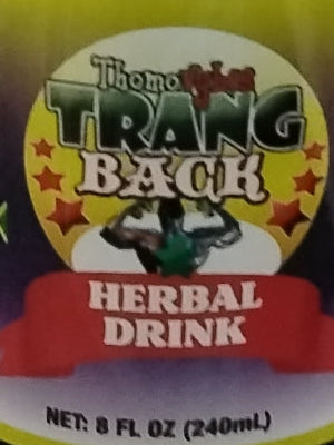 A product label reading Trang Back Herbal Drink from TOJ EXPRESS, featuring medicinal herbs, red stars, and a flexing person. Bottom text says NET: 8 FL. OZ (240mL) on a yellow and purple background.