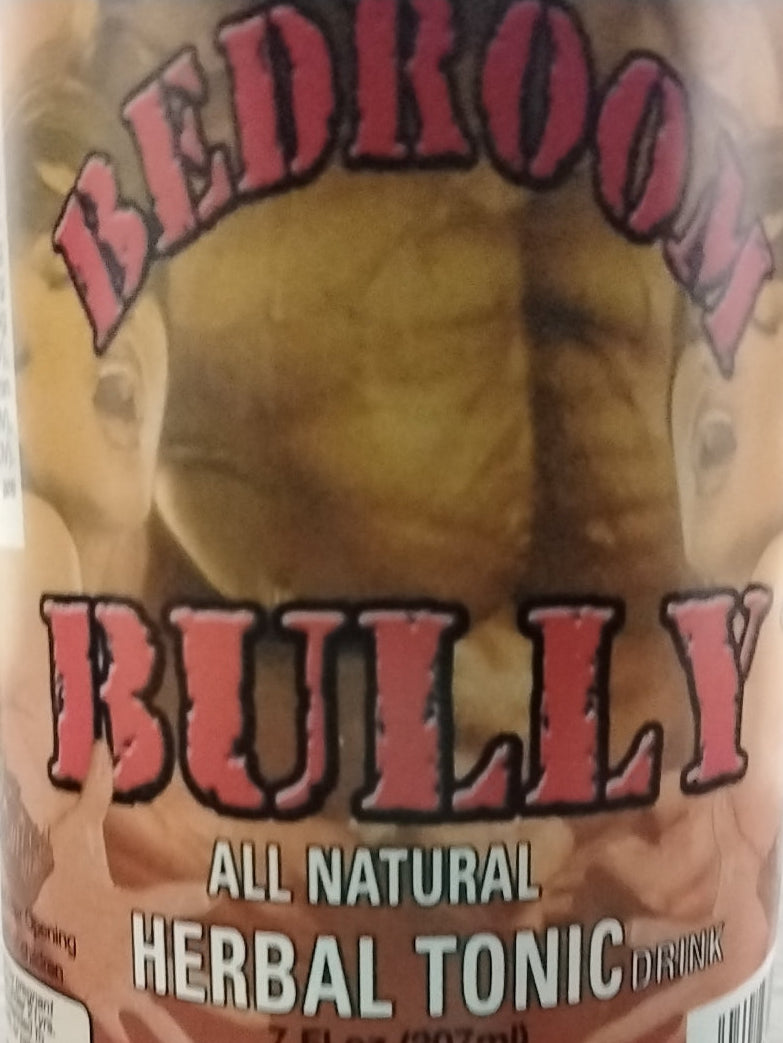 A close-up of the TOJ EXPRESS Bedroom Bully label shows BEDROOM BULLY in bold red letters, with "All Natural Herbal Energy Tonic Drink" beneath it, set against a blurred backdrop of two people.