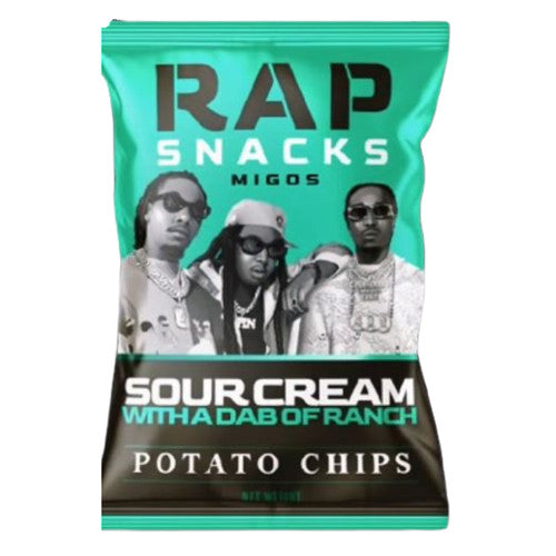 A teal and black TOJ EXPRESS bag, "Rap Snacks - Sour cream with a Dab of Ranch by Migos 😃," features the group members with sunglasses and jewelry, highlighting their signature sour cream and ranch chips.