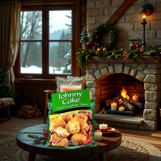 A cozy living room with a lit fireplace, adorned for the holidays. On the round table, theres a bag of Grace Johnny Cake Mix by TOJ EXPRESS. The window reveals a snowy pine landscape, while candles and a wreath enhance the festive feel.