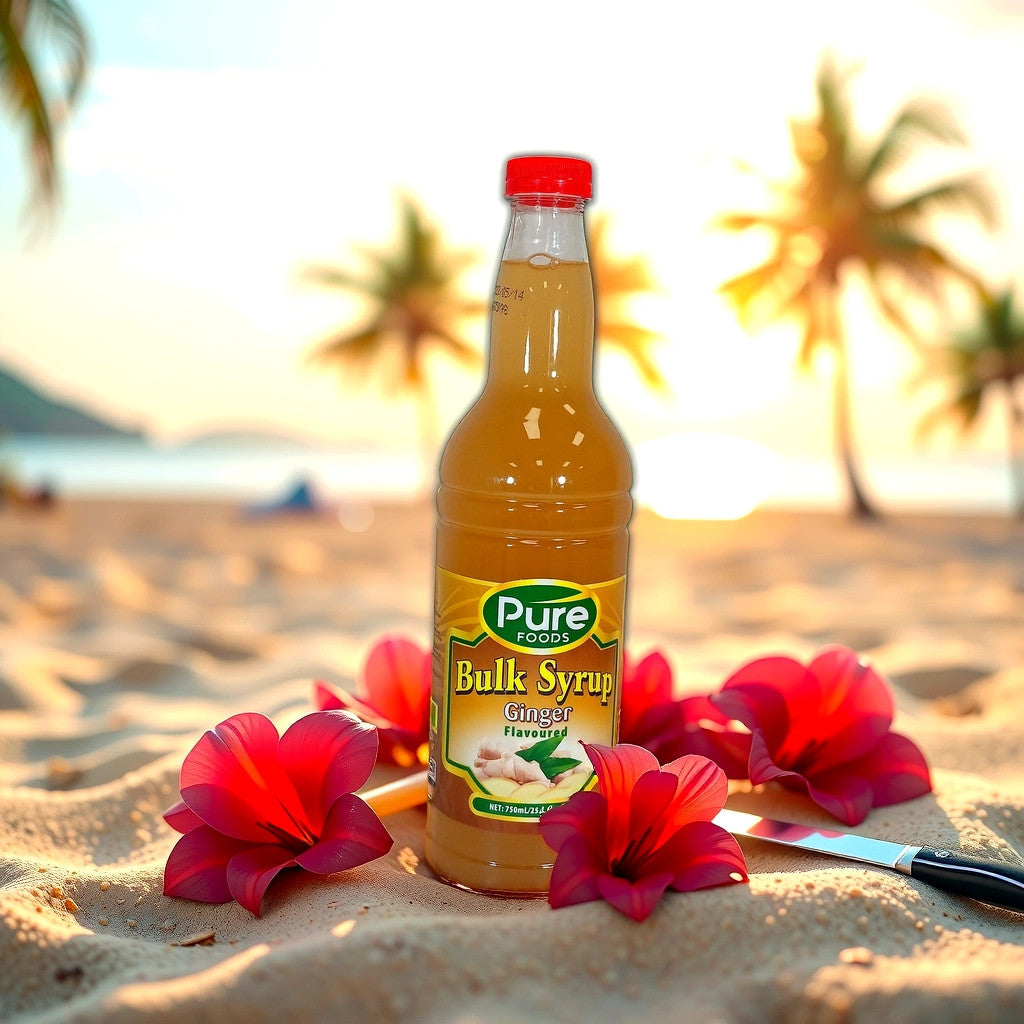 A bottle of TOJ EXPRESS Pure Ginger Syrup stands upright on a sandy beach, surrounded by red tropical flowers, with palm trees and a bright sunset in the background—highlighting its natural ginger extract and health benefits.