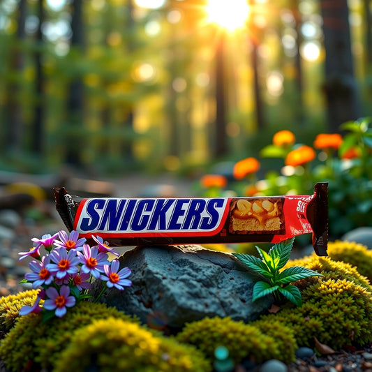 A Snickers Chocolate Bar by TOJ EXPRESS rests on a mossy rock in a sunlit forest, surrounded by vibrant flowers and greenery. Sunlight filters through the trees, creating a serene setting perfect for enjoying nougat, caramel, and peanuts.