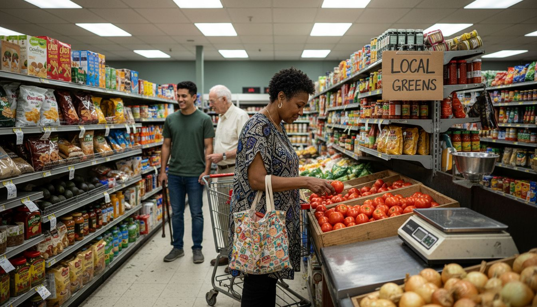 Diverse shoppers in Atlanta grocery produce aisle