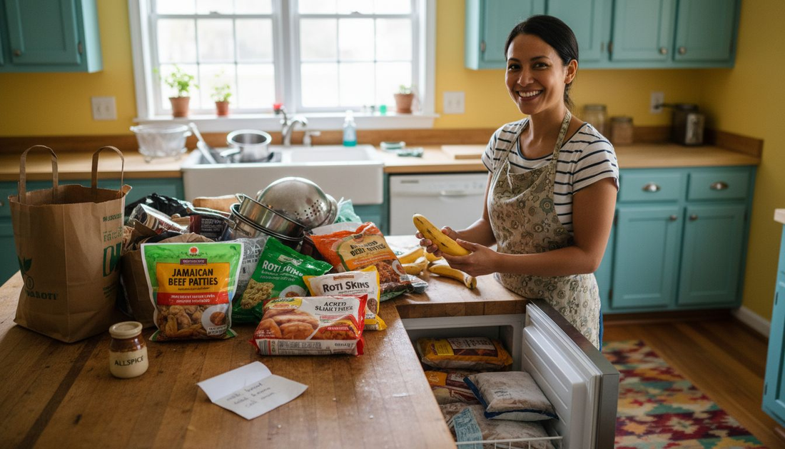 Home cook unpacks Caribbean frozen foods in kitchen