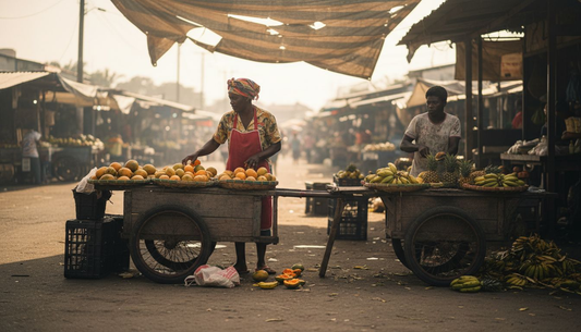 Caribbean vendor arranging tropical fruit in market