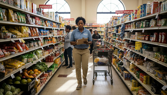 Atlanta grocery manager reviewing supply chain goods