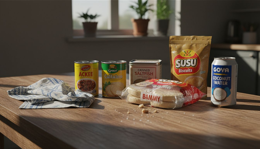 Assorted packaged Caribbean foods on wooden table