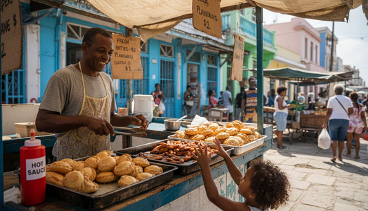 Caribbean food vendor serving street snacks outdoors