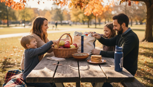 Family sharing fresh snacks at picnic table