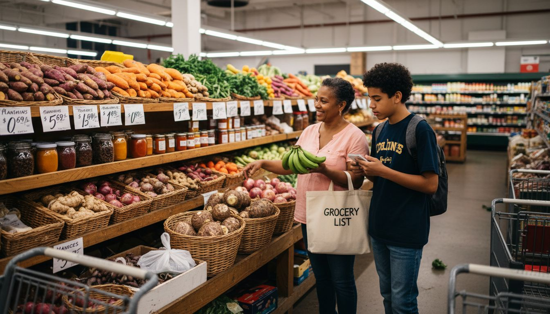 Shoppers picking Caribbean groceries in market aisle