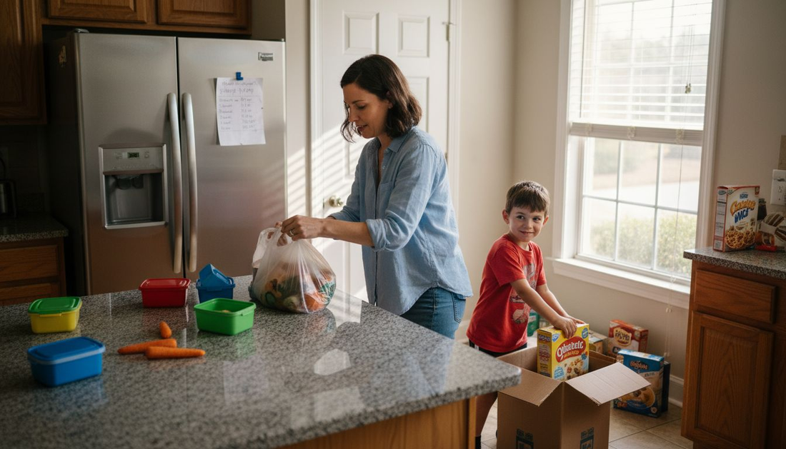 Family unpacking pre-packed groceries in kitchen