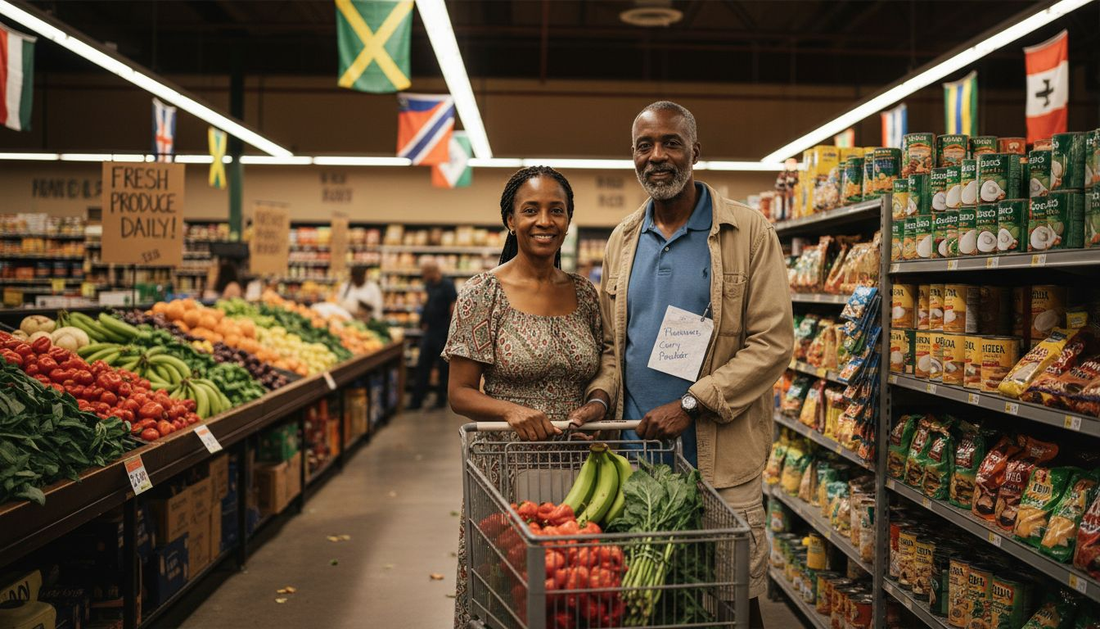 Caribbean couple shopping in Atlanta grocery store
