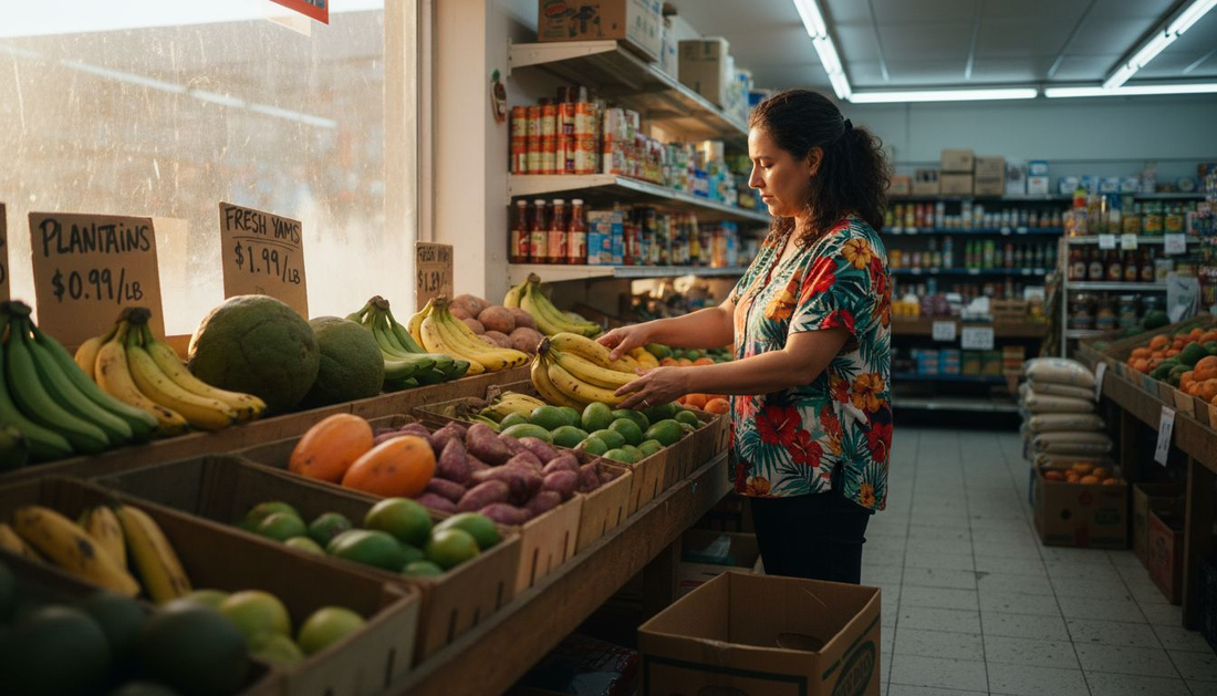 Shopper choosing produce in Caribbean grocery