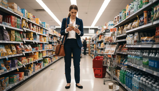 Woman choosing healthy snacks in busy store